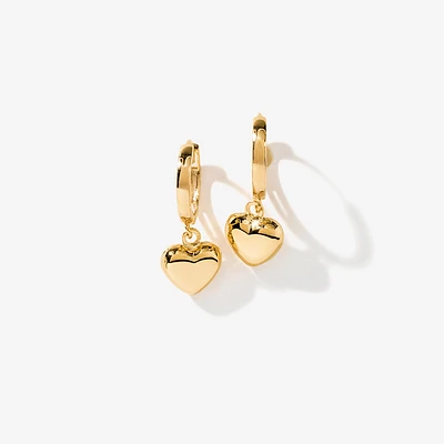 Dangle Heart Hoop Earrings in 10K Yellow Gold