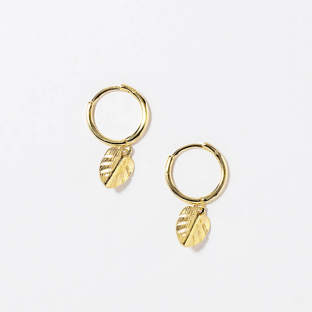 Leaf Hoop Earrings in 10K Yellow Gold