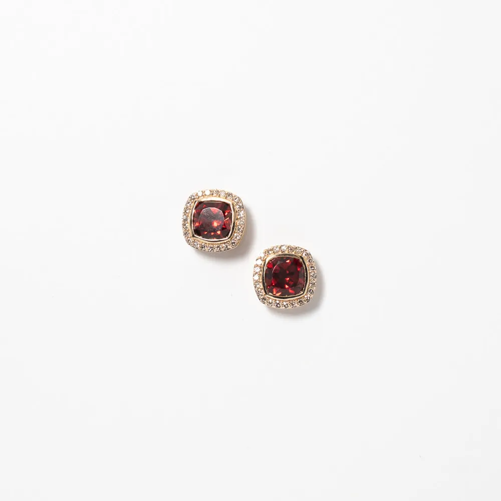 Cushion Cut Garnet Earrings in 10K Yellow Gold