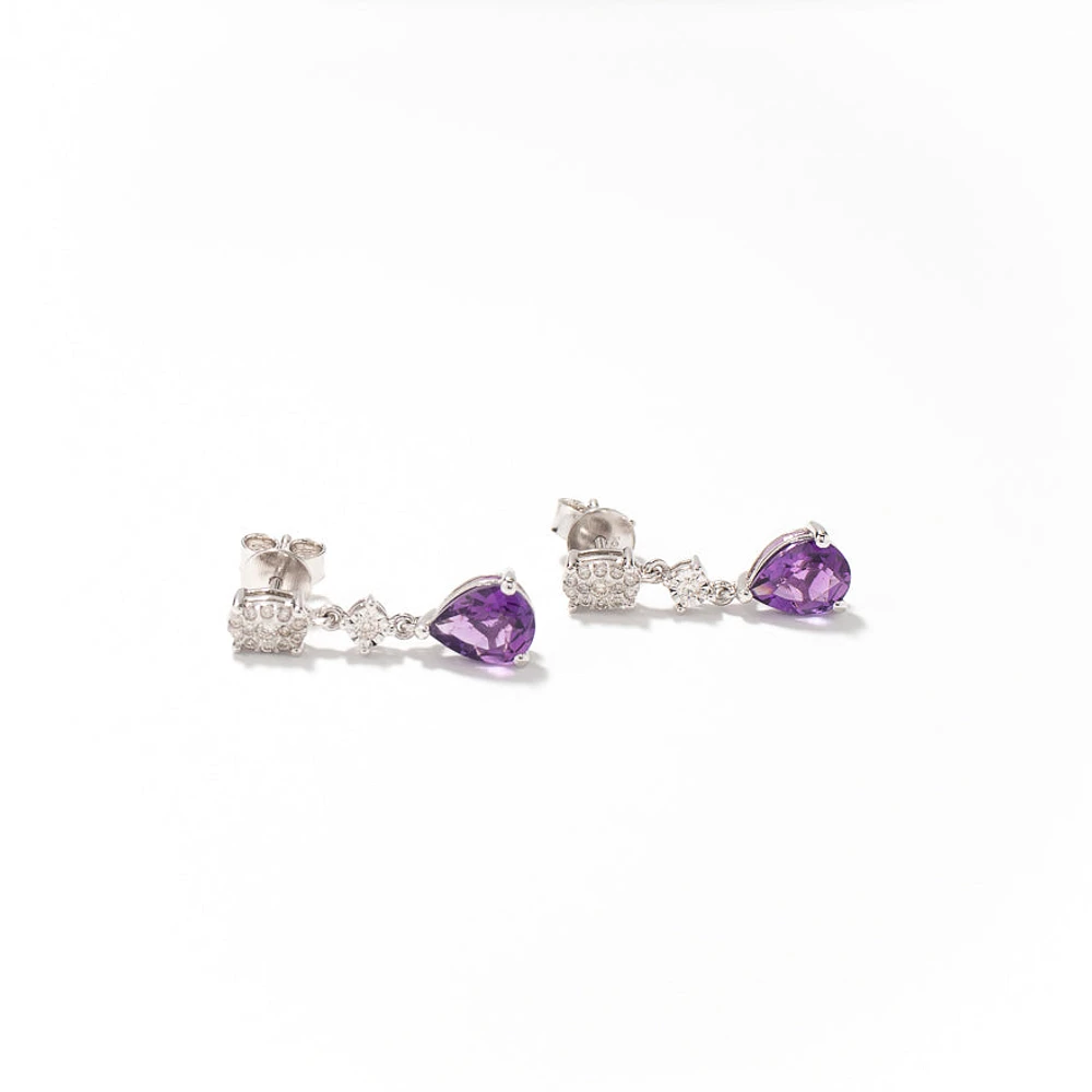 Amethyst Dangle Earrings with Diamond Accents in 10K White Gold