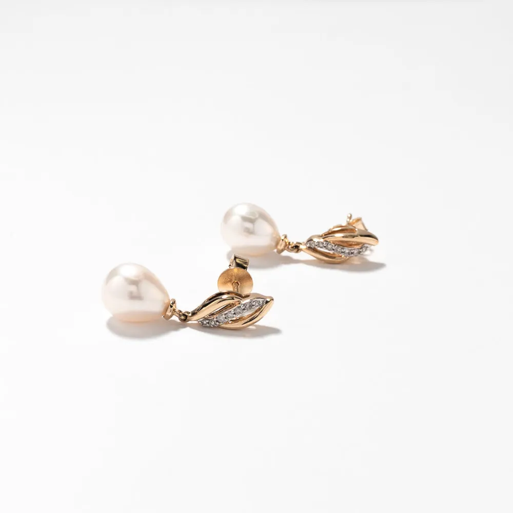 Pearl Earrings with Diamond Accents in 10K Yellow Gold