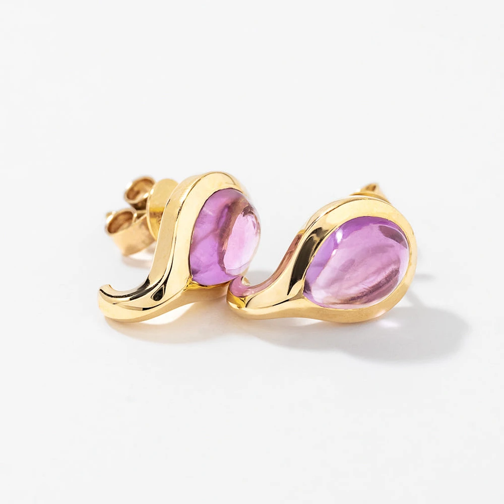 Cabochon Amethyst Earrings in 10K Yellow Gold