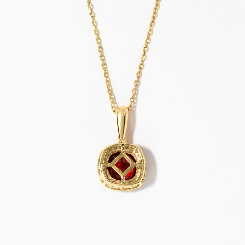 Cushion Cut Garnet Necklace in 10K Yellow Gold