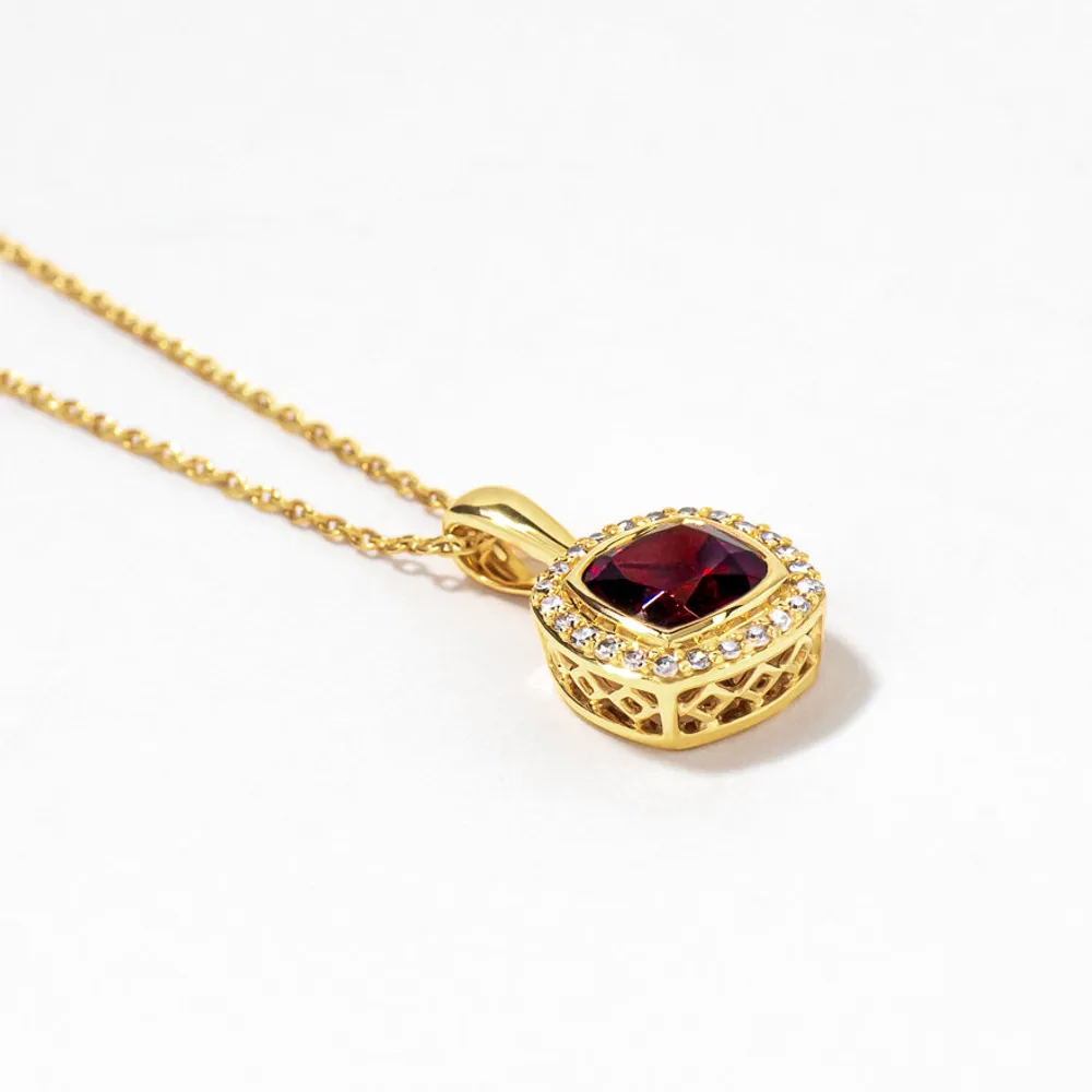 Cushion Cut Garnet Necklace in 10K Yellow Gold