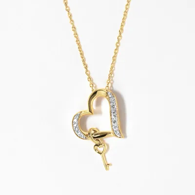 Heart and Key Diamond Pendant in 10K Yellow Gold (0.05 ct tw)