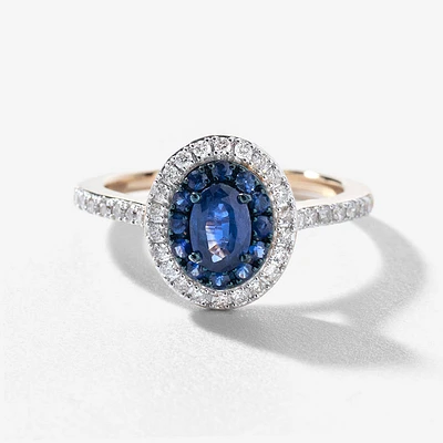 Double Halo Sapphire and Diamond Ring 10K Yellow Gold