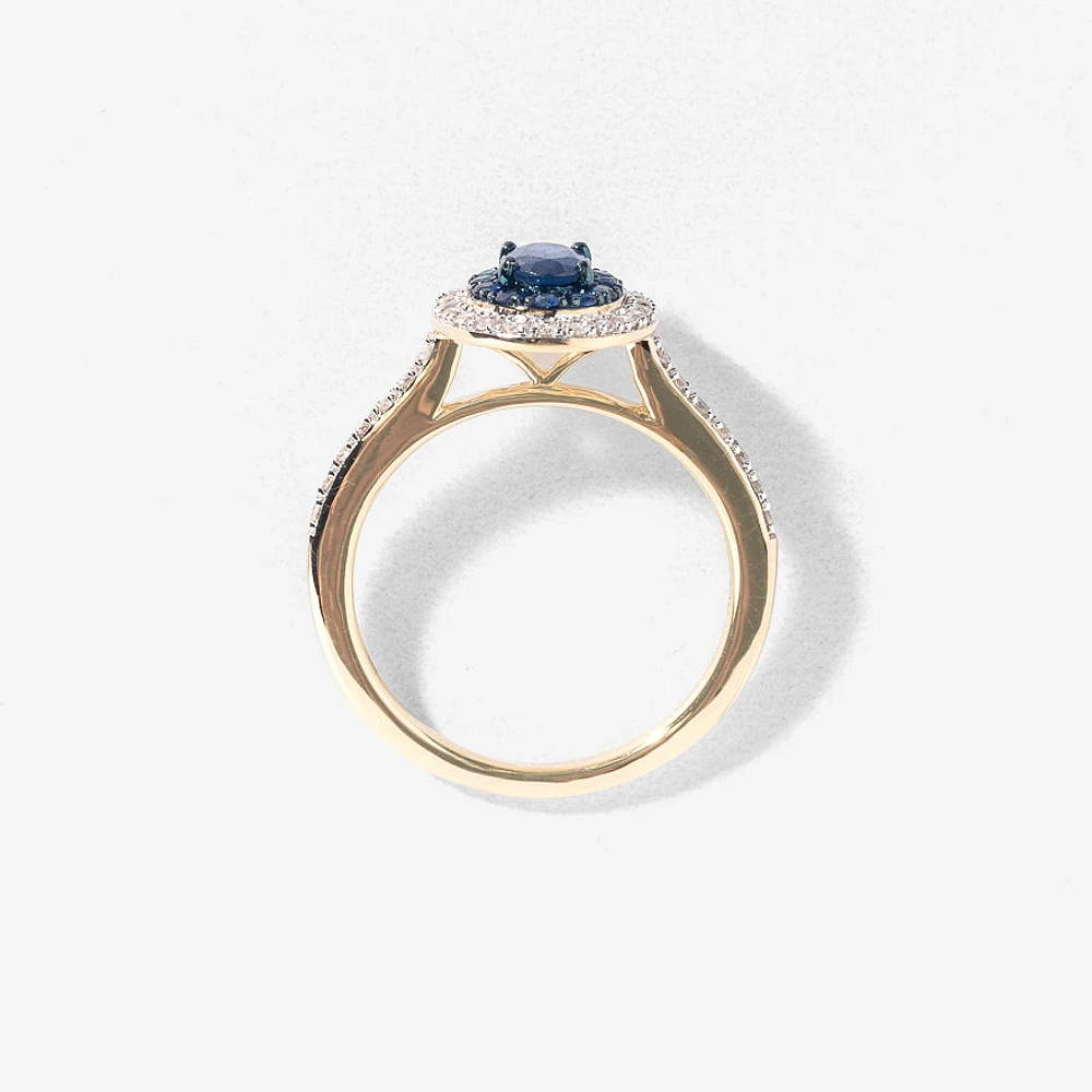 Double Halo Sapphire and Diamond Ring 10K Yellow Gold