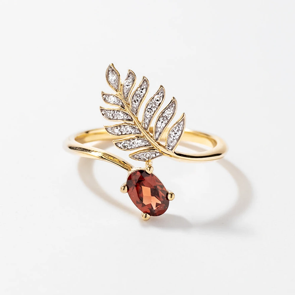 Garnet Ring with Diamond Leaf 10K Yellow Gold