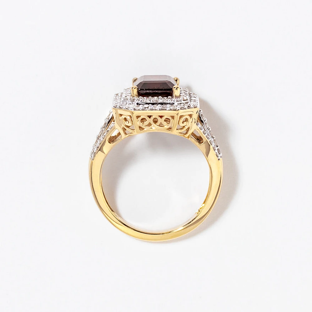 Garnet Ring with Diamond Accents 10K Yellow Gold