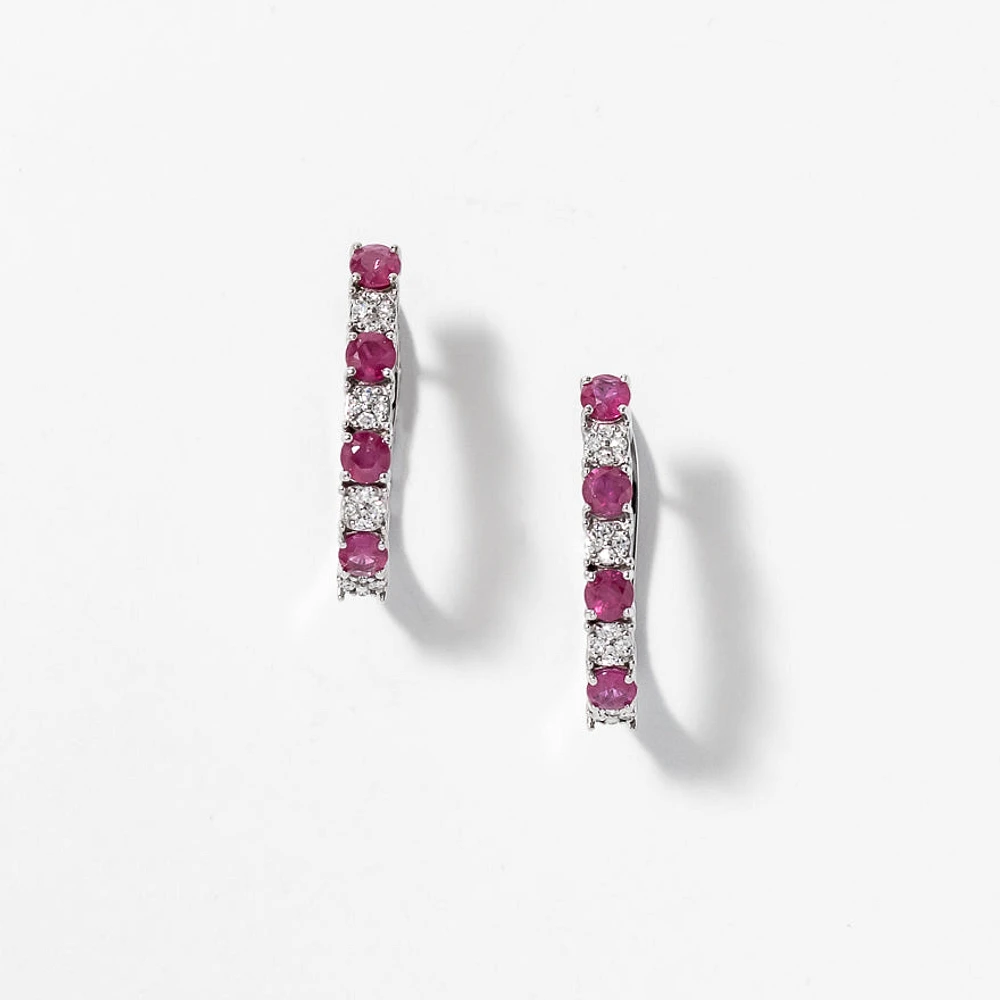 Ruby and Diamond Hoop Earrings in 10K White Gold