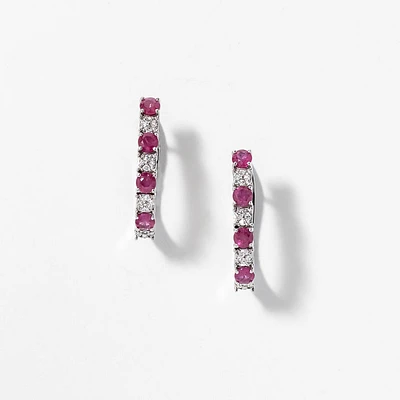 Ruby and Diamond Hoop Earrings in 10K White Gold