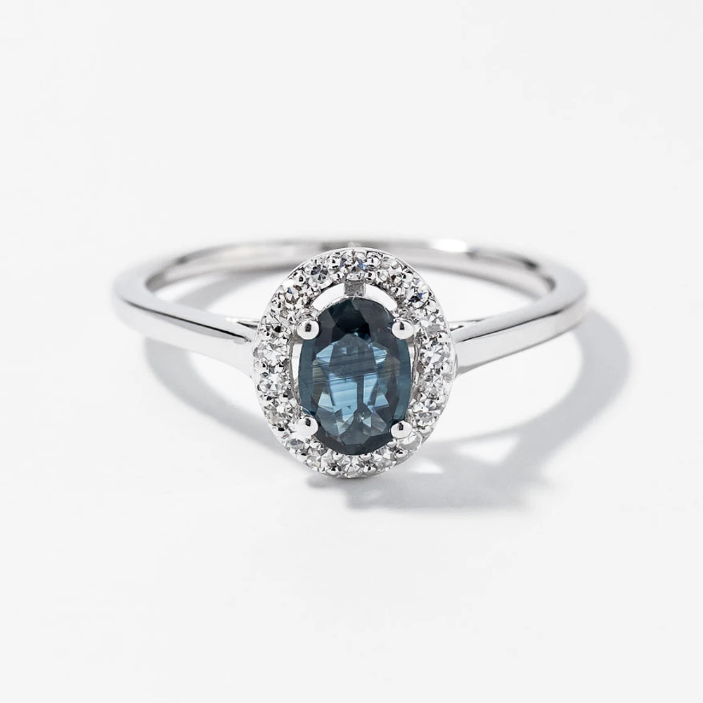 Oval Sapphire and Diamond Halo Ring 10K White Gold (0.12 ct tw)