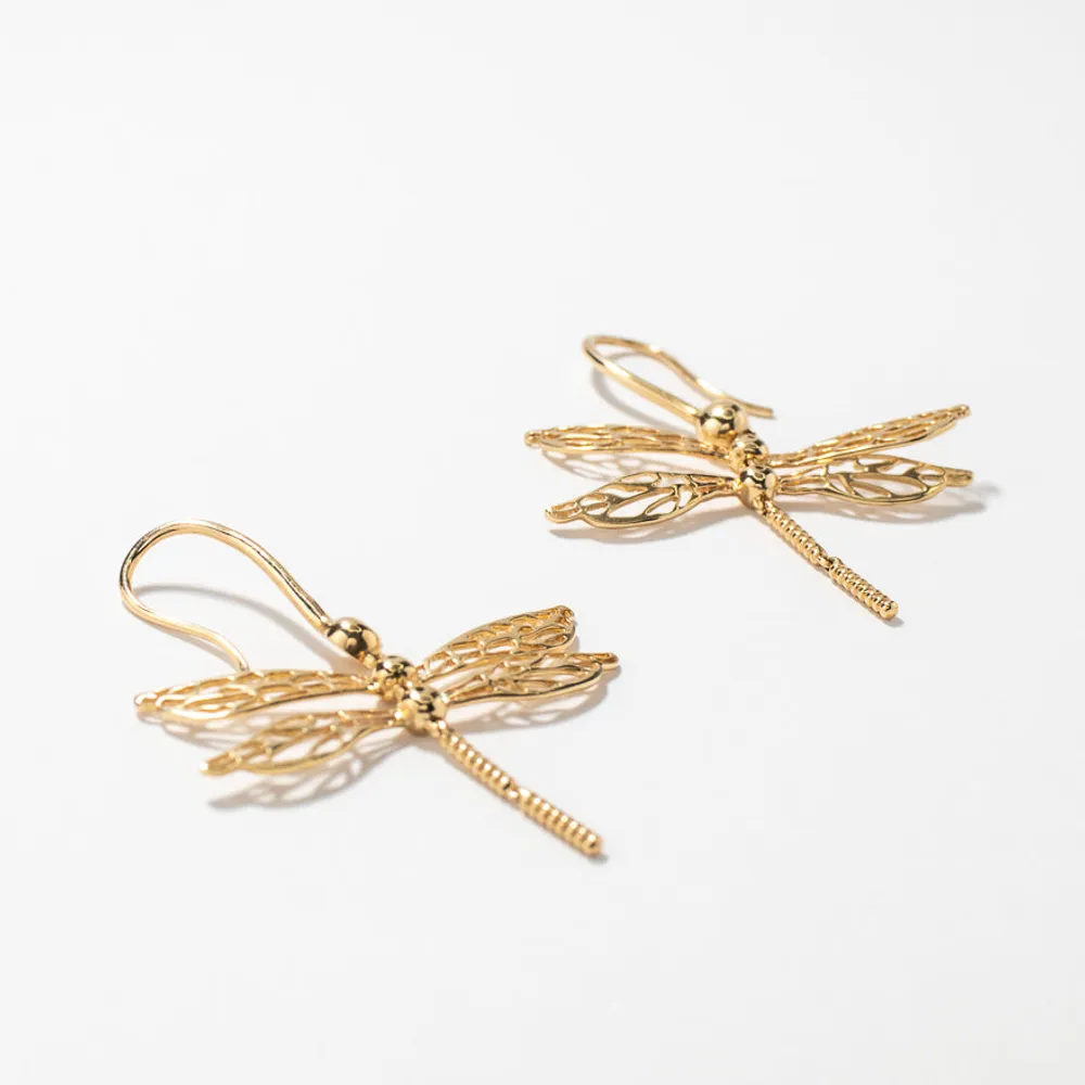 Dragonfly Dangle Earrings in 10K Yellow Gold