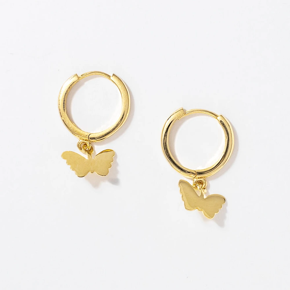 Butterfly Drop Hoop Earrings in 10K Yellow Gold