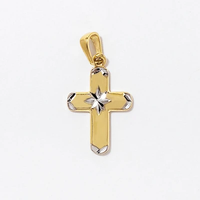 Mini Diamond Cut Cross Pendant in 10K Yellow and White Gold