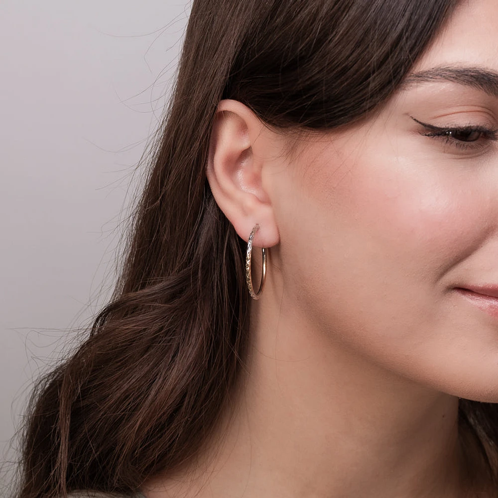 Diamond Cut Hoop Earrings in 10K Yellow and White Gold