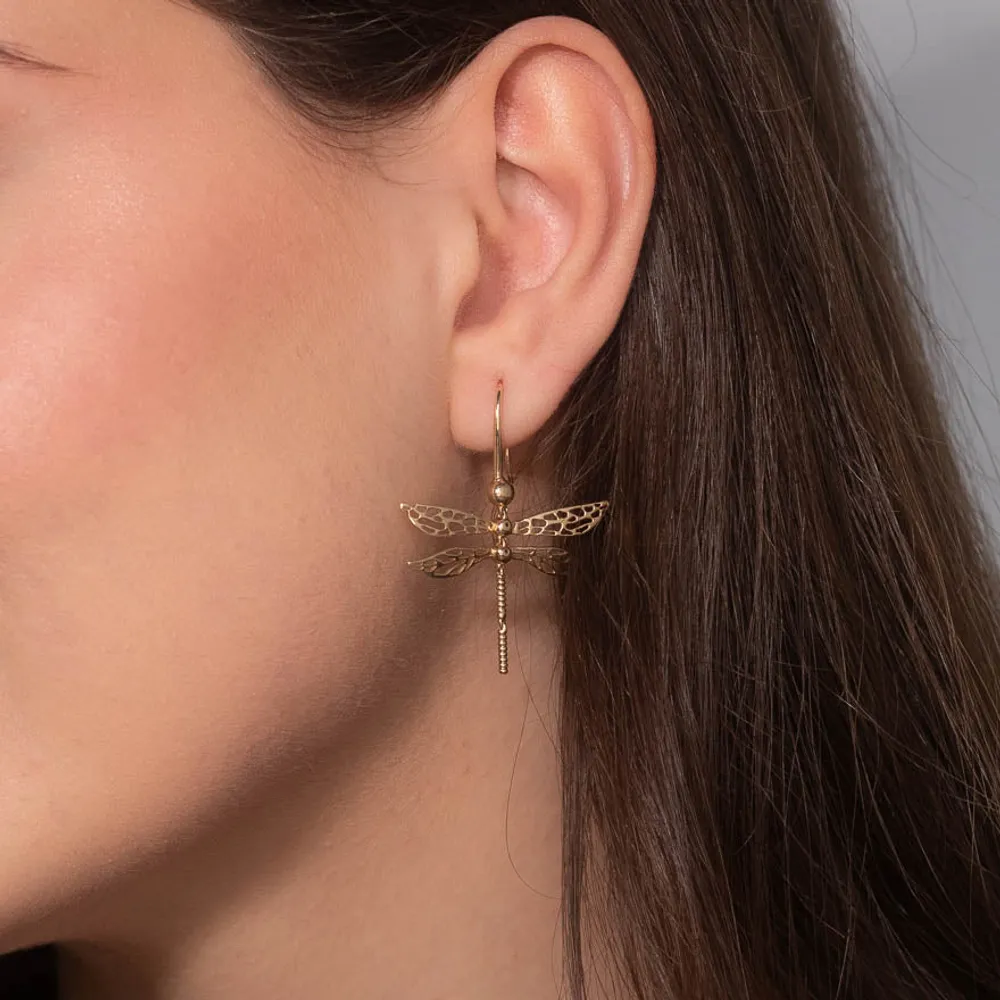 Dragonfly Dangle Earrings in 10K Yellow Gold