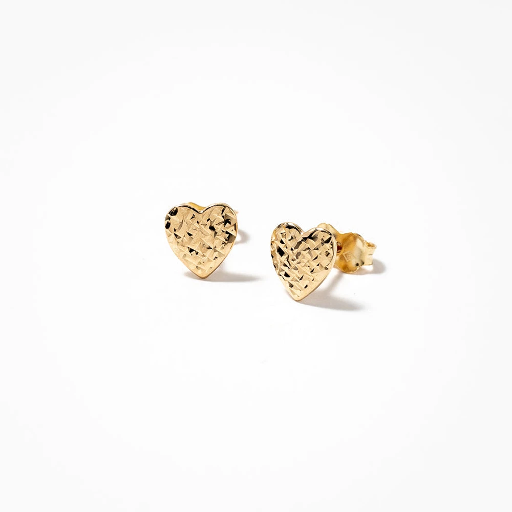 Diamond Cut Puff Heart Stud Earrings in 10K Yellow Gold