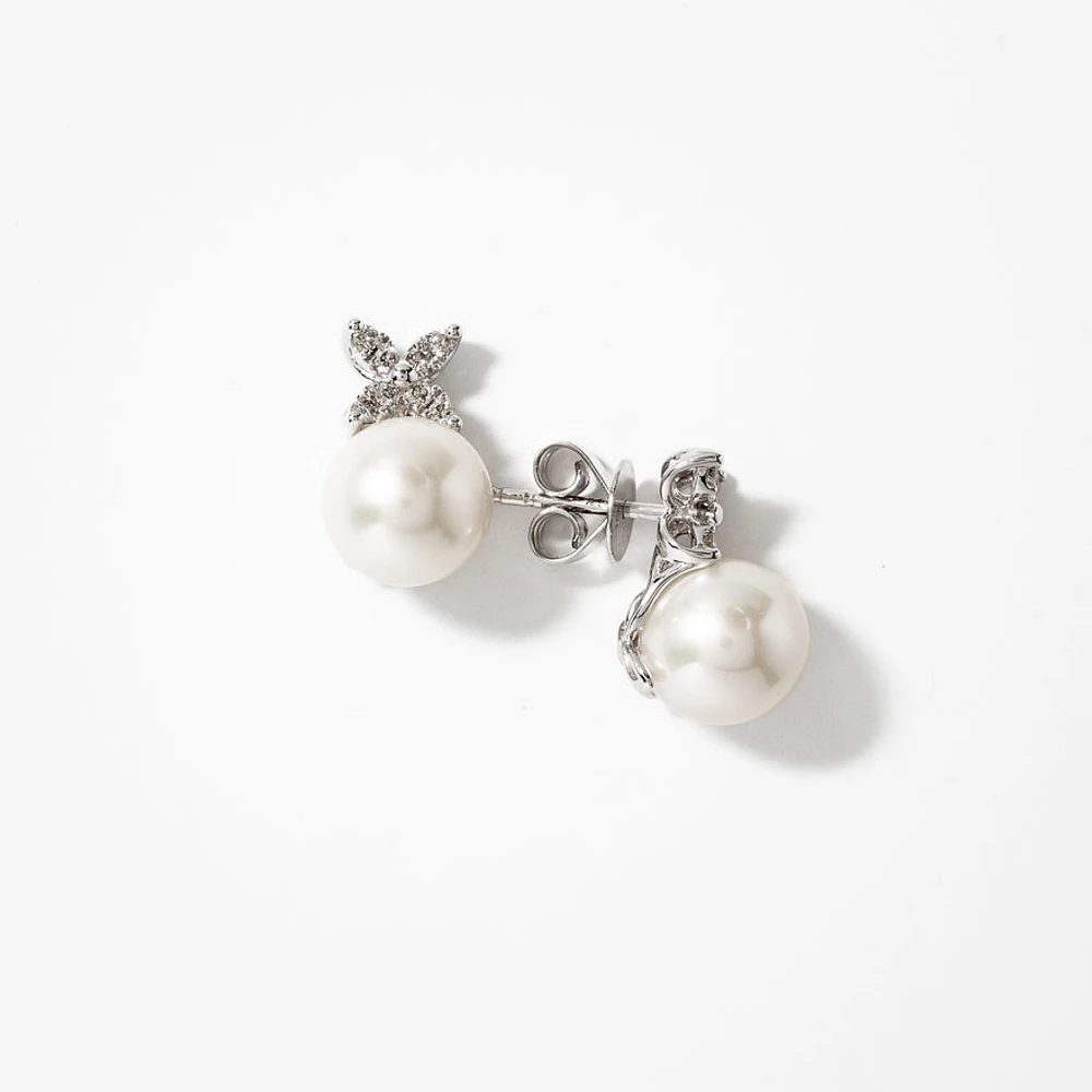 9mm Pearl Earrings with Diamond Accents in 10K White Gold