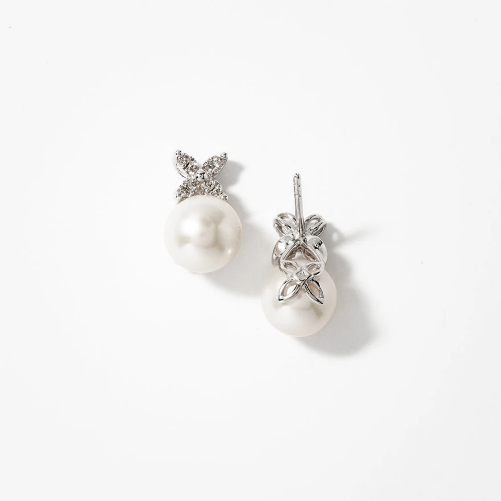 9mm Pearl Earrings with Diamond Accents in 10K White Gold