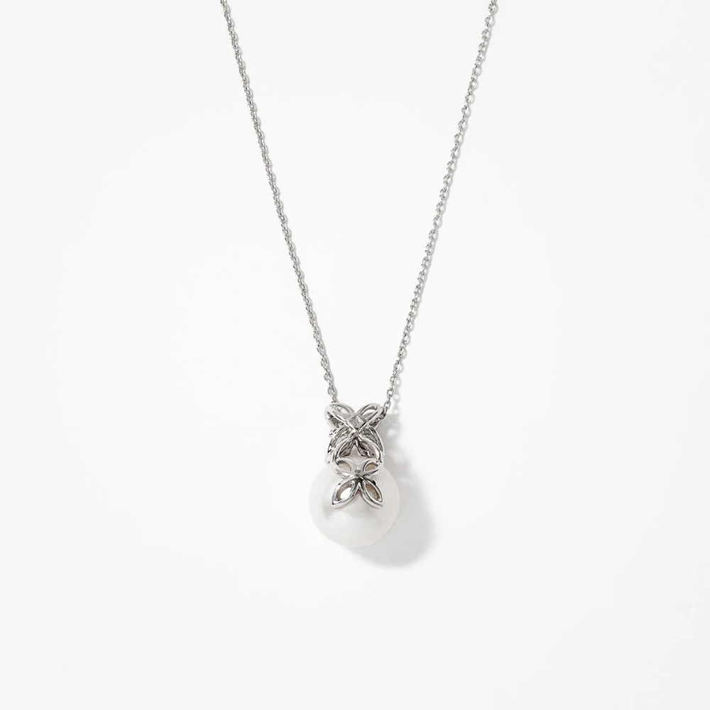 10mm Single Pearl Pendant With Diamond Petal Accents in 10K White Gold