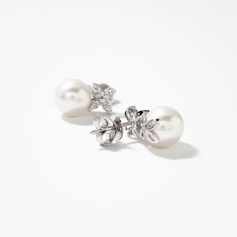 9mm Pearl Earrings with Diamond Petal Accents in 10K White Gold