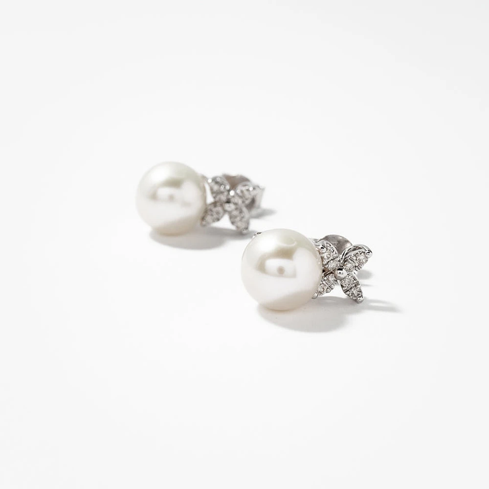 9mm Pearl Earrings with Diamond Accents in 10K White Gold