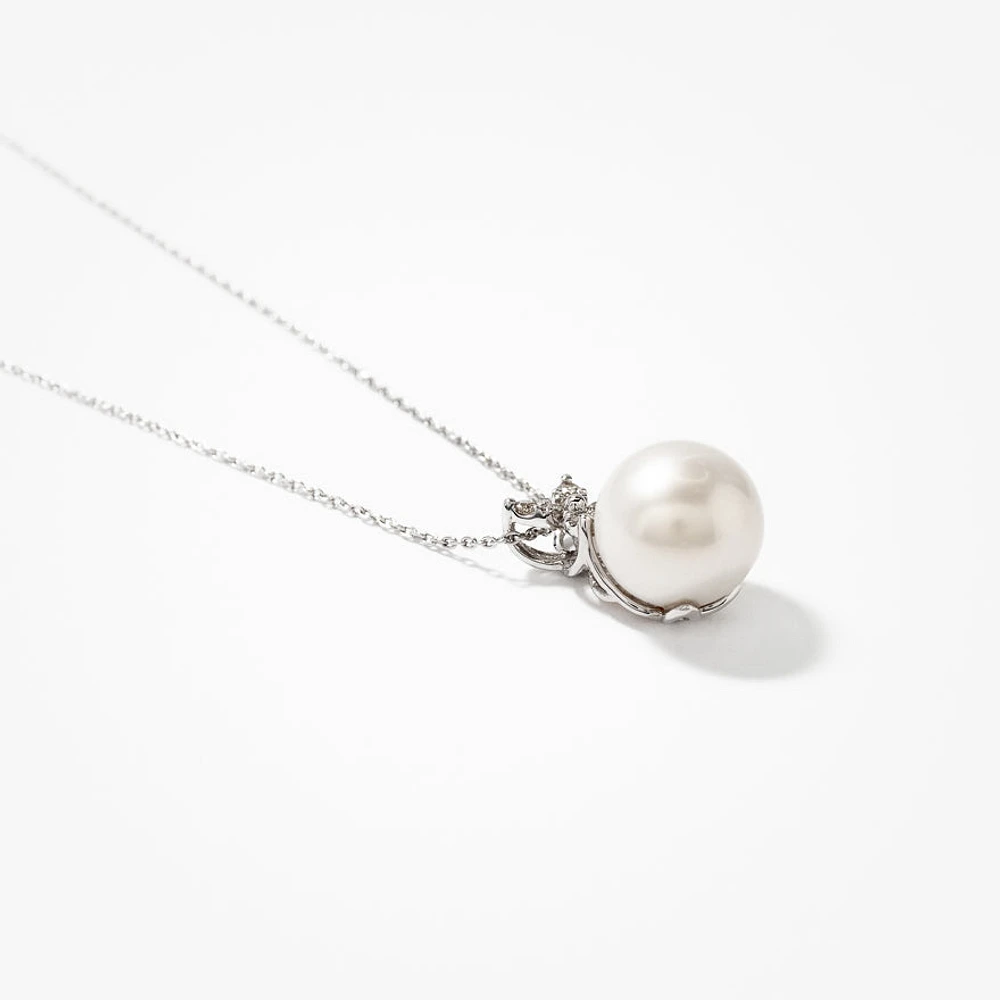 10mm Single Pearl Pendant With Diamond Petal Accents in 10K White Gold