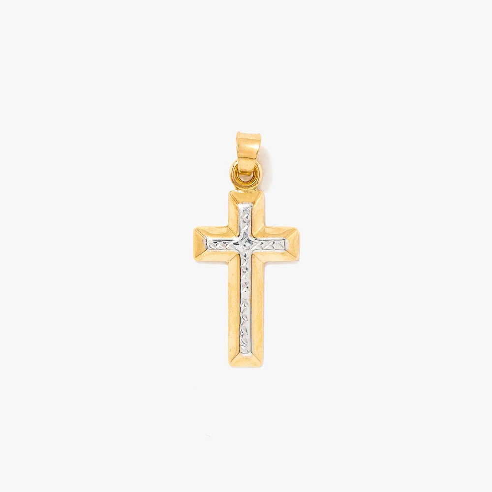 Diamond Cut Cross Pendant in 10K Yellow and White Gold