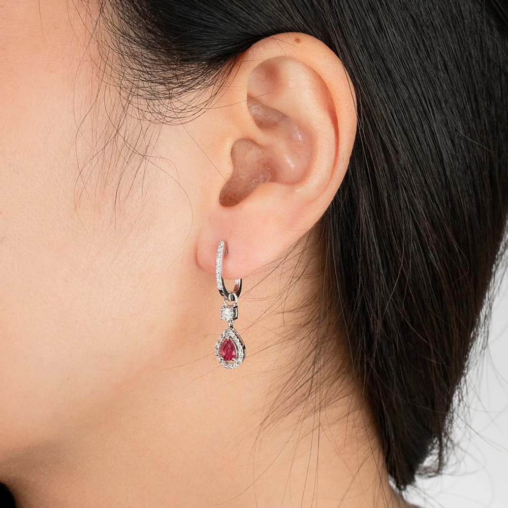 Ruby Earrings With Removable Pear Drop in 10K White Gold