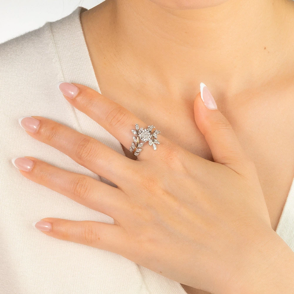Diamond Cluster Leaf Ring 10K Yellow and White Gold (0.60 ct tw)