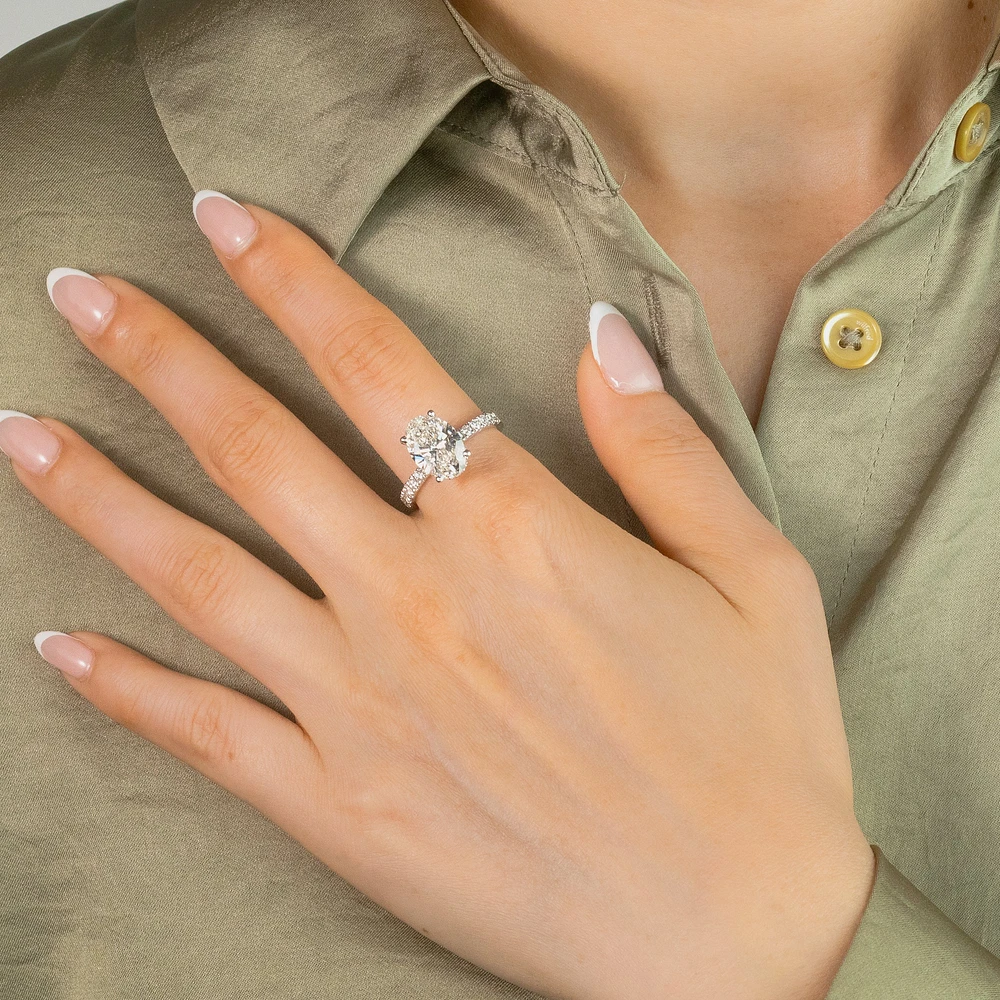 Oval Lab-Grown Diamond Engagement Ring with Hidden Halo 14K White G