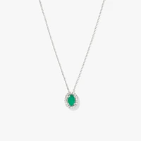 Oval Emerald and Diamond Halo Necklace in 10K White Gold (0.12ct tw)