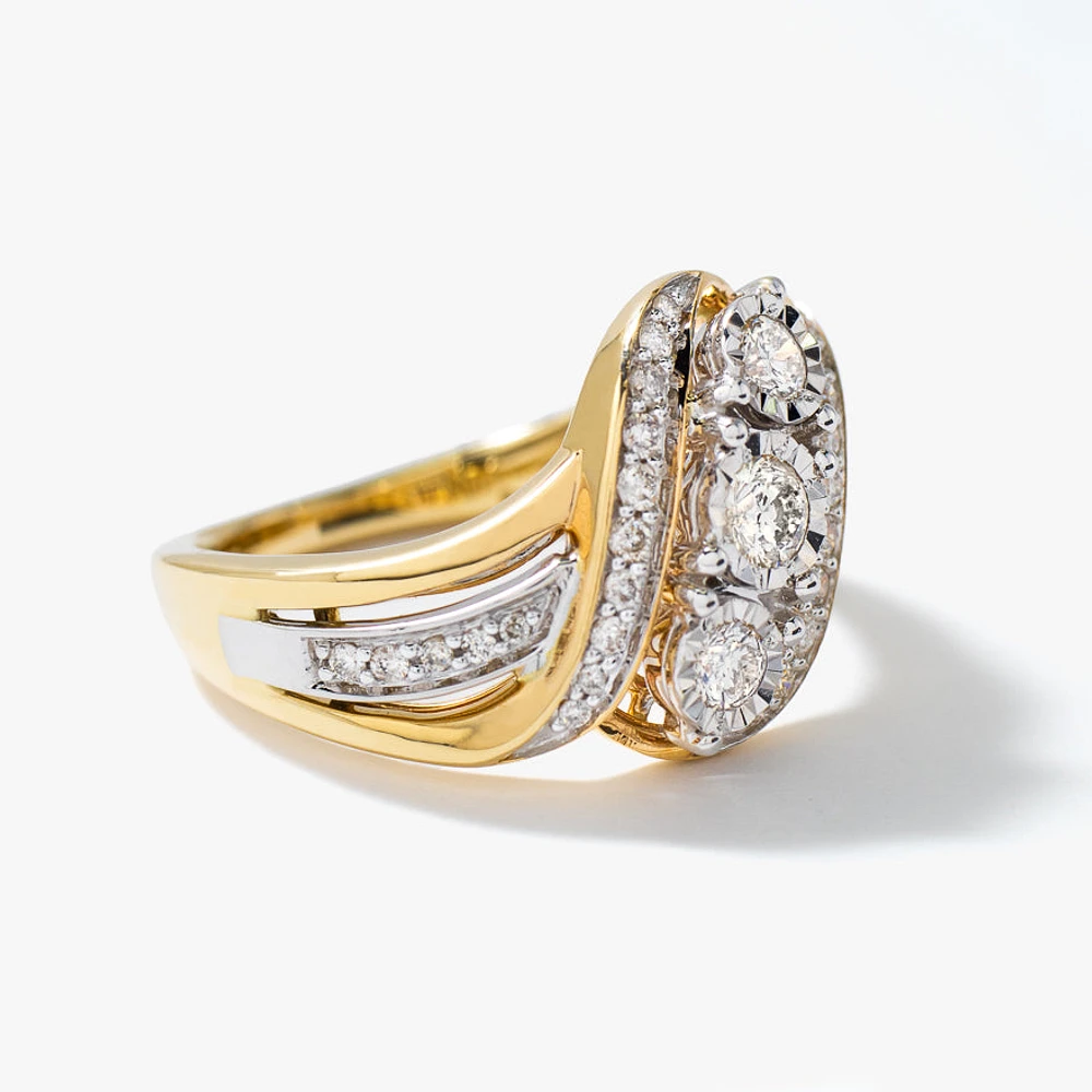 Three Stone Fashion Ring With Diamond Accents 10K Yellow and White