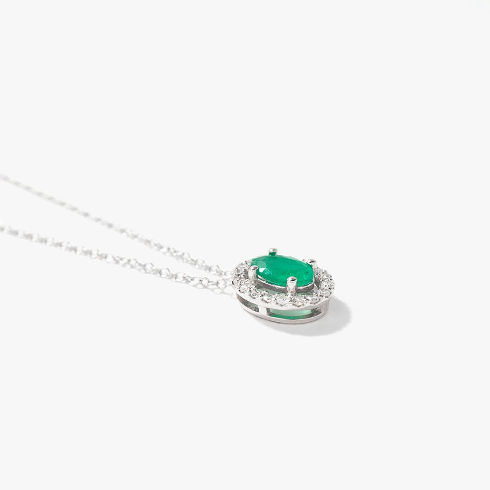 Oval Emerald and Diamond Halo Necklace in 10K White Gold (0.12ct tw)