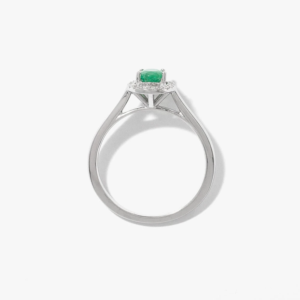 Oval Emerald and Diamond Halo Ring 10K White Gold (0.12 ct tw)