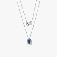 Oval Sapphire and Diamond Halo Necklace in 10K White Gold (0.12ct tw)