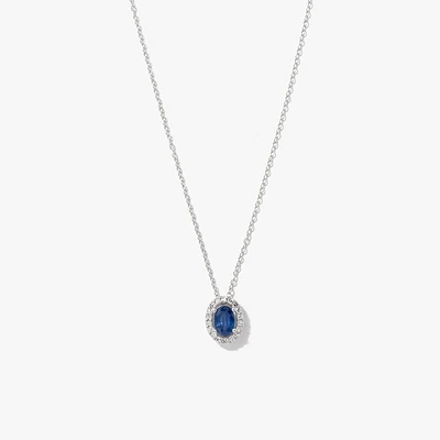 Oval Sapphire and Diamond Halo Necklace in 10K White Gold (0.12ct tw)