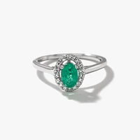 Oval Emerald and Diamond Halo Ring 10K White Gold (0.12 ct tw)