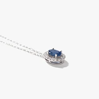 Oval Sapphire and Diamond Halo Necklace in 10K White Gold (0.12ct tw)