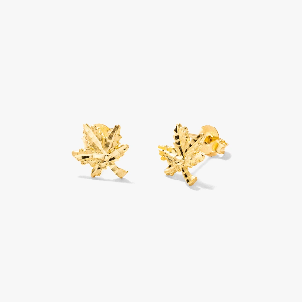 Maple Leaf Diamond Cut Stud Earrings in 10K Yellow Gold