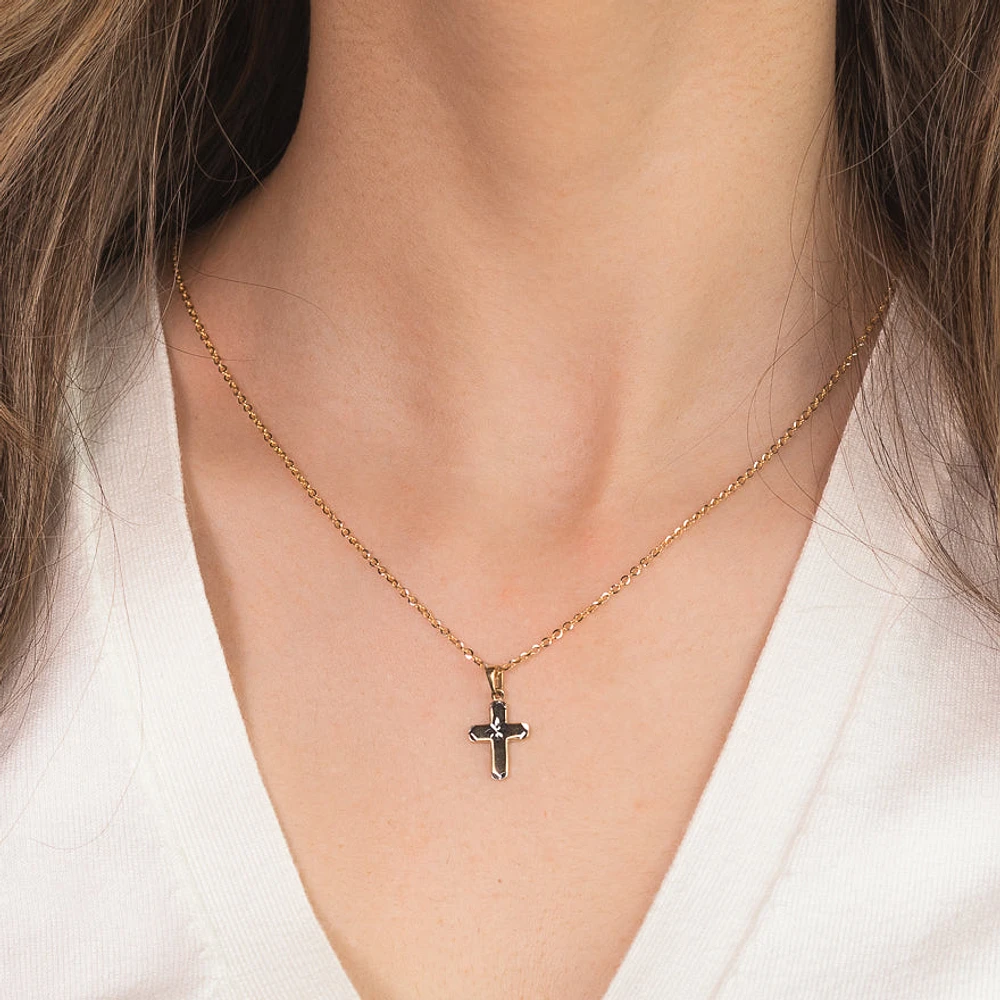 Mini Diamond Cut Cross Pendant in 10K Yellow and White Gold