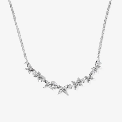 Petal Motif Diamond Cluster Necklace with Double Chain in 10K White Go