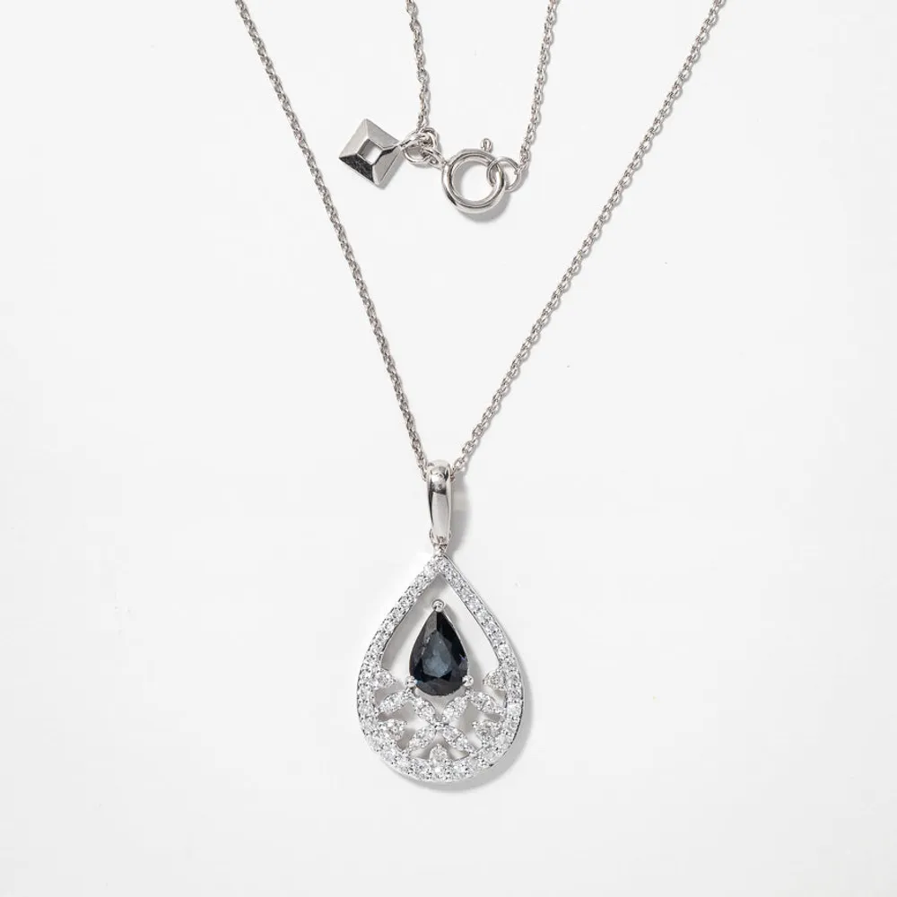 Sapphire Necklace With Diamond Cluster Accent in 10K White Gold