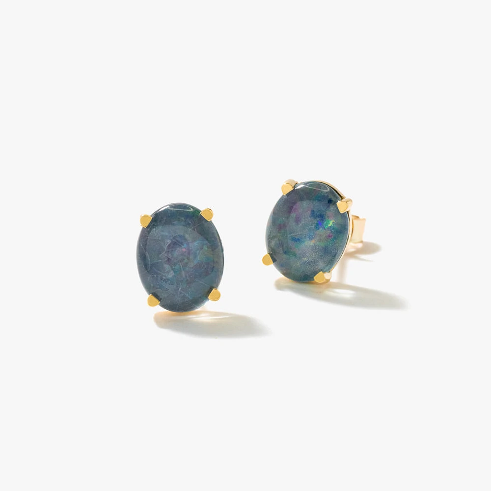 10x8mm Dark Opal Stud Earrings in 10K Yellow Gold