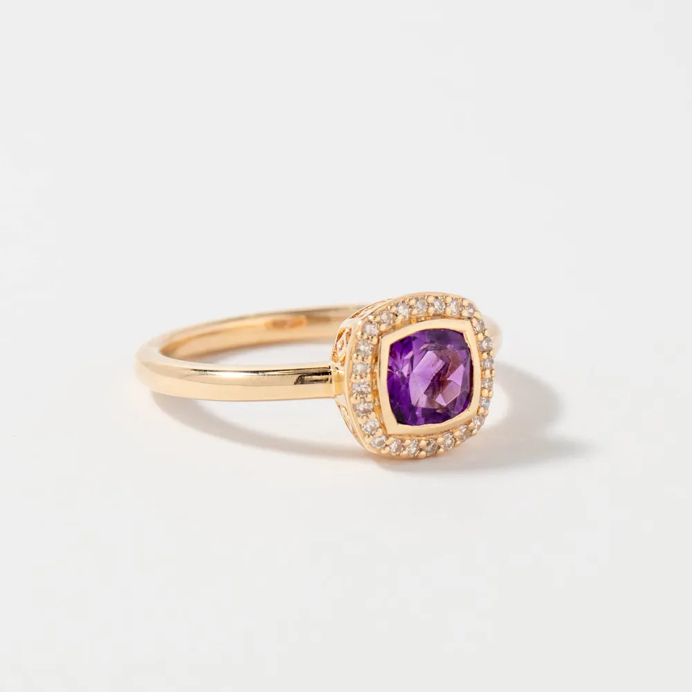 Cushion Cut Amethyst Ring with Diamond Accents 10K Yellow Gold