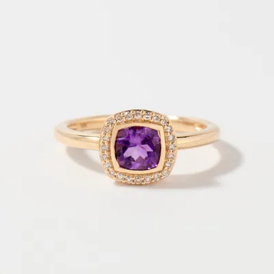 Cushion Cut Amethyst Ring with Diamond Accents 10K Yellow Gold