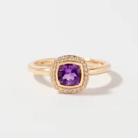 Cushion Cut Amethyst Ring with Diamond Accents 10K Yellow Gold