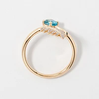 Blue Topaz Ring with Diamond Leaf 10K Yellow Gold