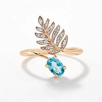 Blue Topaz Ring with Diamond Leaf 10K Yellow Gold